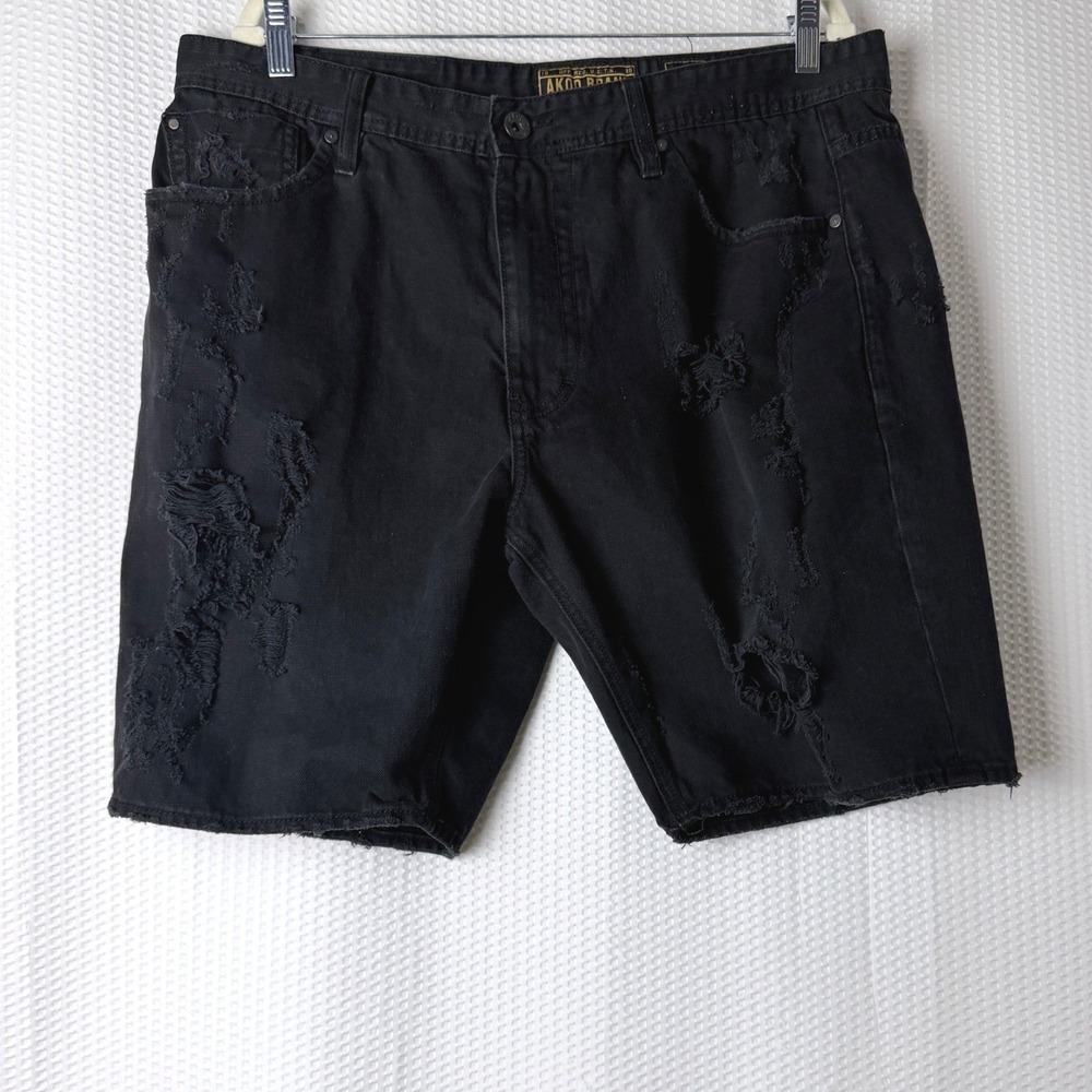 AKOO Shorts 38 Black Cotton Distressed Y2K 90s Raw Hem Streetwear Goth Grunge